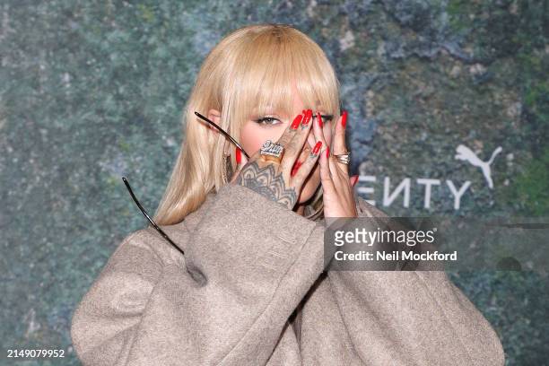 Rihanna attends the FENTY x PUMA Creeper Phatty Earth Tone Launch Party at Tobacco Dock on April 17, 2024 in London, England.