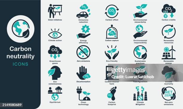 ilustrações de stock, clip art, desenhos animados e ícones de carbon neutrality solid icons collection.carbon emissions, renewable energy sources, sustainable practices, climate goals, carbon offsetting, green technologies, carbon reduction, paris agreement, co2 - tecnologia verde