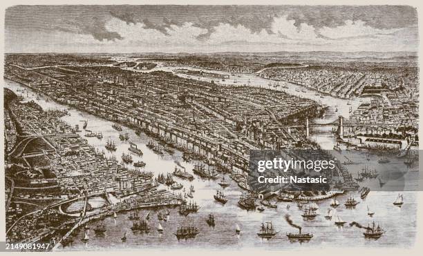 ilustraciones, imágenes clip art, dibujos animados e iconos de stock de vista aérea de nueva york, estados unidos, siglo xix - estilo siglo xviii