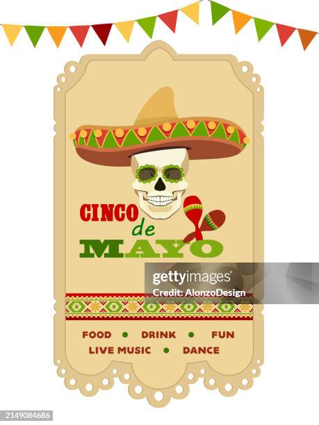 cinco de mayo skull party poster. - sombrero stock illustrations