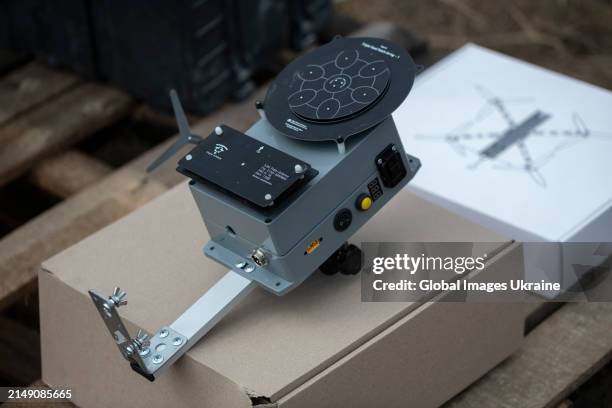 Detail from the EW device lies on the box during the presentation on March 19, 2024 in Ukraine. During the 'Protect Warrior from Drone' event,...