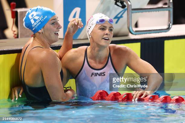 Meg Harris and Shayna Jack celebrate winning the Women’s 50m Freestyle Final during the 2024 Australian Open Swimming Championships at Gold Coast...