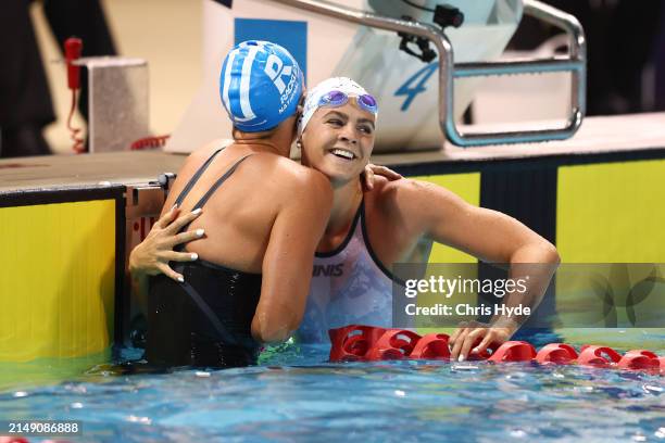 Meg Harris and Shayna Jack celebrate winning the Women’s 50m Freestyle Final during the 2024 Australian Open Swimming Championships at Gold Coast...