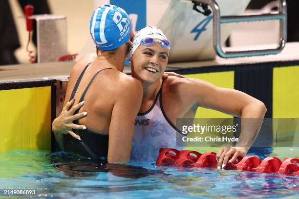Meg Harris and Shayna Jack celebrate winning the Women’s 50m Freestyle Final during the 2024 Australian Open Swimming Championships at Gold Coast...