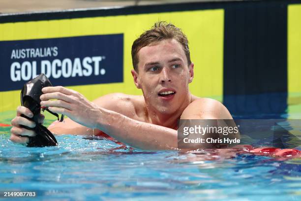Zac Stubblety-Cook celebrates winning the Men's 200m Breaststroke Final during the 2024 Australian Open Swimming Championships at Gold Coast Aquatic...