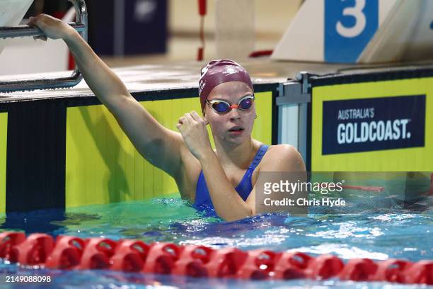 Elizabeth Dekkers celebrates winning the Women's 200m Butterfly Final during the 2024 Australian Open Swimming Championships at Gold Coast Aquatic...