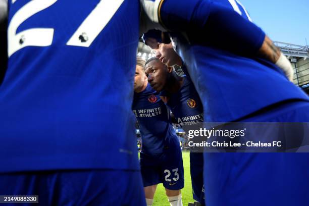 Moises Caicedo of Chelsea in the group huddle during the Premier League match between Chelsea FC and Everton FC at Stamford Bridge on April 15, 2024...