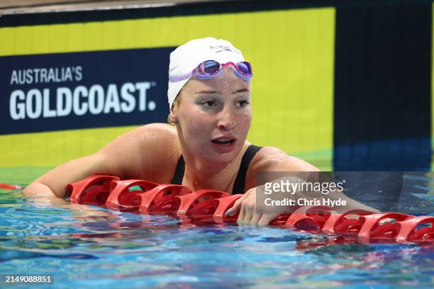 Mollie O'Callaghan looks on after the Women's 100m Backstroke Final during the 2024 Australian Open Swimming Championships at Gold Coast Aquatic...