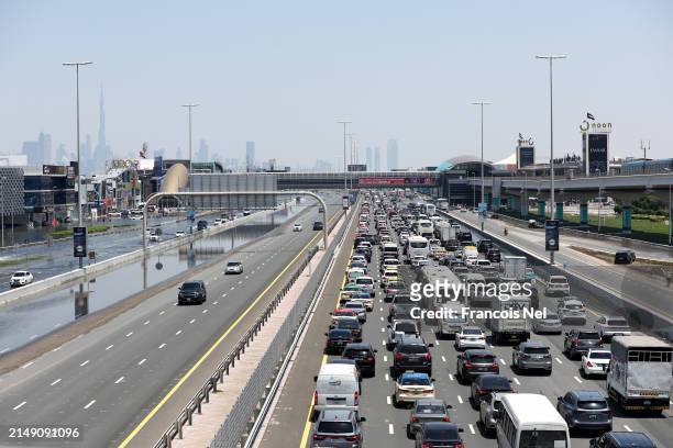 General view of traffic on a highway can be seen on April 18, 2024 in Dubai, United Arab Emirates. Atypically heavy rains in the UAE on Monday and...