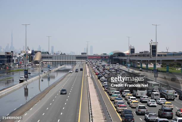 General view of traffic on a highway can be seen on April 18, 2024 in Dubai, United Arab Emirates. Atypically heavy rains in the UAE on Monday and...