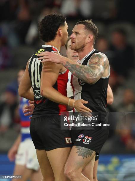 Tim Membrey of the Saints celebrates after scoring a goal during the round six AFL match between St Kilda Saints and Western Bulldogs at Marvel...