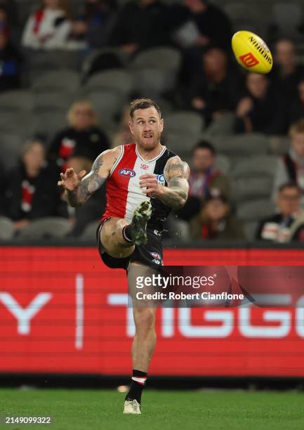 Tim Membrey of the Saints kicks on goal during the round six AFL match between St Kilda Saints and Western Bulldogs at Marvel Stadium, on April 18 in...