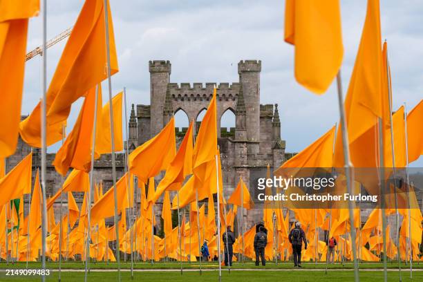 Volunteers hoist over 500 yellow flags flying in the grounds of Lowther Castle in the Lake District on April 18, 2024 in Penrith, England. County...
