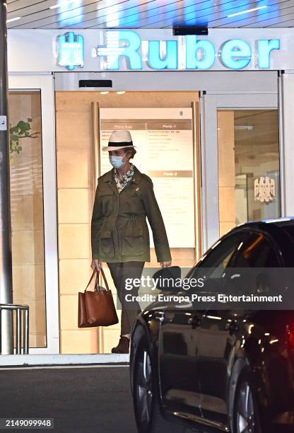 The Infanta Elena de Borbon leaves the Ruber Internacional hospital where she visited her mother, Queen Emeritus Doña Sofia, on April 11 in Madrid,...
