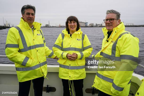 Shadow Secretary of State of Climate Change and Net Zero, Ed Miliband, Shadow Chancellor Rachel Reeves and Labour Leader Keir Starmer take a boat...