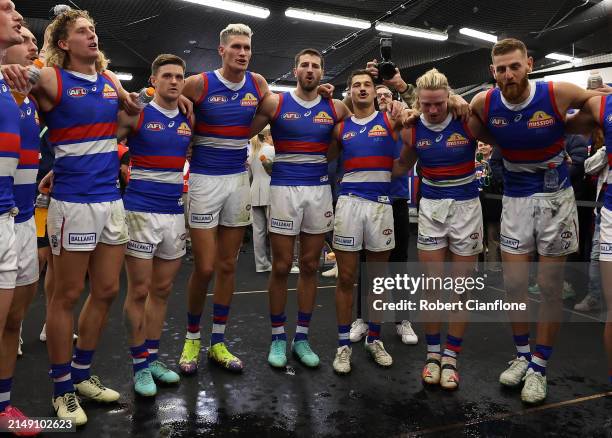 The Bulldogs celebrate after they defeaed the Saints during the round six AFL match between St Kilda Saints and Western Bulldogs at Marvel Stadium,...