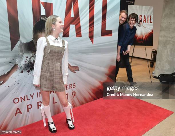Actress Alisha Weir here with Tyler Gillett, Matt Bettinelli-Olpin attends the Abigail movie special screening at Silverspot Cinema on April 8, 2024...