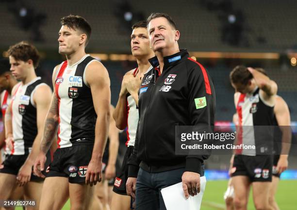 Ross Lyon, Senior Coach of the Saints looks on after the Saints were defeated by the Bulldogs during the round six AFL match between St Kilda Saints...