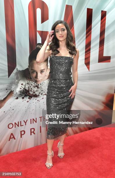 Actress Melissa Barrera attends the Abigail movie special screening at Silverspot Cinema on April 8, 2024 in Miami, Florida.