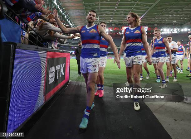 Marcus Bontempelli of the Bulldogs celebrates after the Bulldogs defeated the Saints during the round six AFL match between St Kilda Saints and...