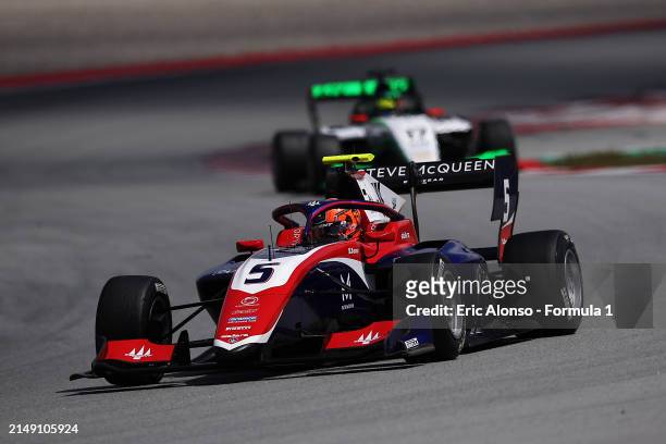Sami Meguetounif of France and Trident drives on track during day three of Formula 3 Testing at Circuit de Barcelona-Catalunya on April 18, 2024 in...