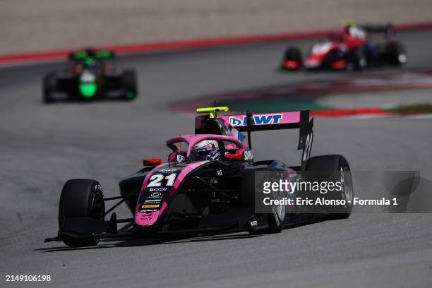 Sophia Floersch of Germany and Van Amersfoort Racing drives on track during day three of Formula 3 Testing at Circuit de Barcelona-Catalunya on April...