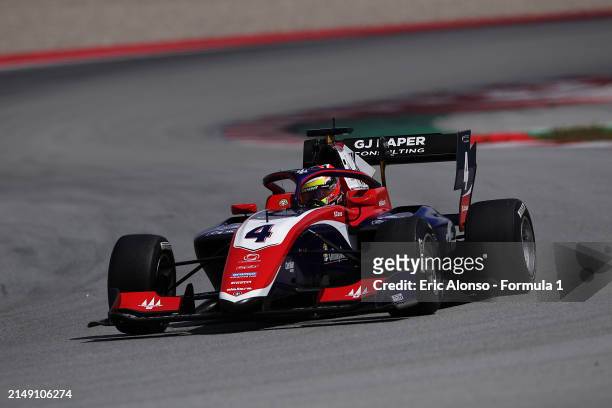 Leonardo Fornaroli of Italy and Trident drives on track during day three of Formula 3 Testing at Circuit de Barcelona-Catalunya on April 18, 2024 in...