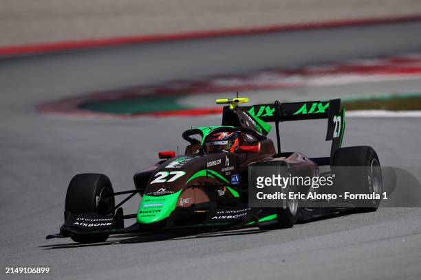 Nikita Bedrin of Italy and PHM AIX Racing drives on track during day three of Formula 3 Testing at Circuit de Barcelona-Catalunya on April 18, 2024...