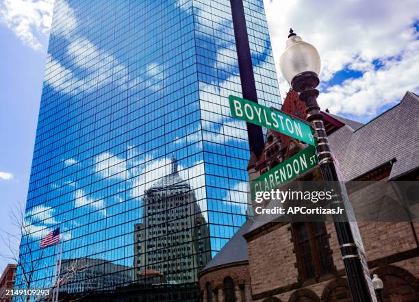 boylston and clarendon street signs - copley square - back bay - boston massachusetts - trinity church boston stock pictures, royalty-free photos & images