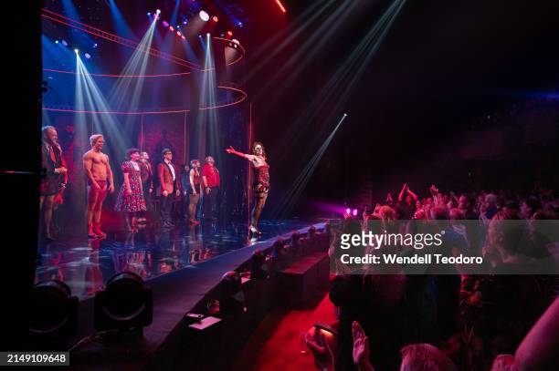 Jason Donovan and the cast are seen on stage during the curtain call for The Rocky Horror Show at the Theatre Royal on April 18, 2024 in Sydney,...
