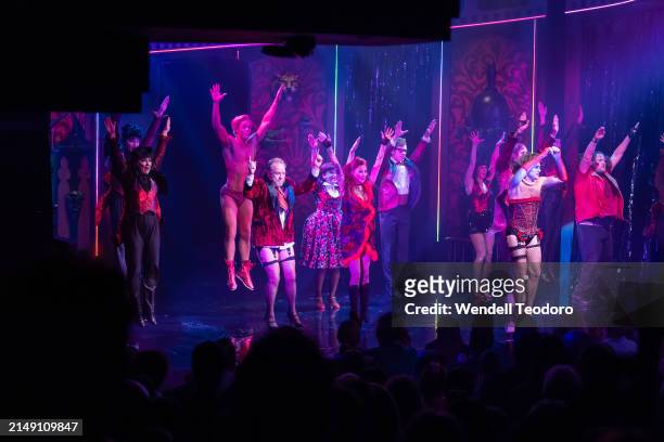 Pete Helliar, Jason Donovan and the cast is seen on stage during the curtain call for The Rocky Horror Show at the Theatre Royal on April 18, 2024 in...