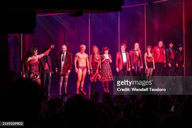 Pete Helliar, Jason Donovan and the cast is seen on stage during the curtain call for The Rocky Horror Show at the Theatre Royal on April 18, 2024 in...