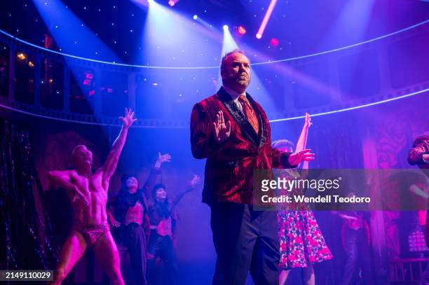 Pete Helliar and the cast is seen on stage during the curtain call for The Rocky Horror Show at the Theatre Royal on April 18, 2024 in Sydney,...