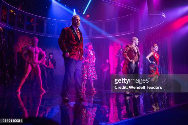 Pete Helliar and the cast is seen on stage during the curtain call for The Rocky Horror Show at the Theatre Royal on April 18, 2024 in Sydney,...