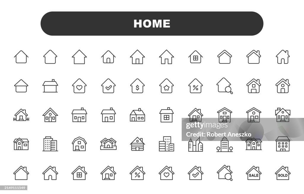 Homeline-Symbole. Bearbeitbarer Strich. Enthält Symbole wie Haus, Immobilien, Familie, Immobilienmakler, Investition, Wohngebäude, Stadt, Wohnung, Gebäude, Architektur.