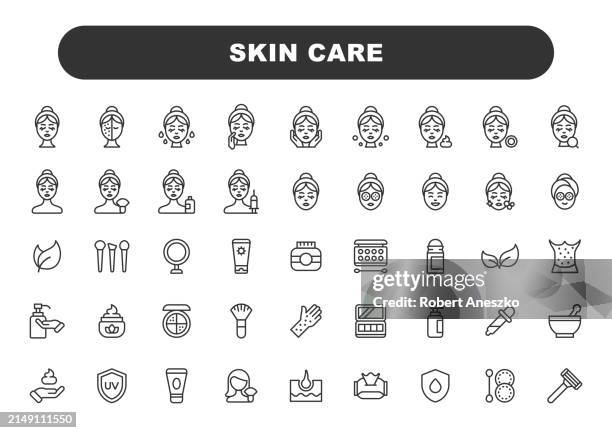 stockillustraties, clipart, cartoons en iconen met skin care line icons. editable stroke. contains such icons as spa, cosmetics, wellness, make up, hygiene, dermatology, lifting, face mask, detox, wrinkle, soap, perfume. - schoonheidsspecialist natuur