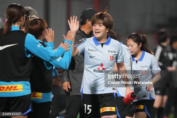 Mei Shimada of MHI Urawa Reds Ladies celebrates scoring her team's third goal during the WE League match between Omiya Ardija Ventus and Mitsubishi...
