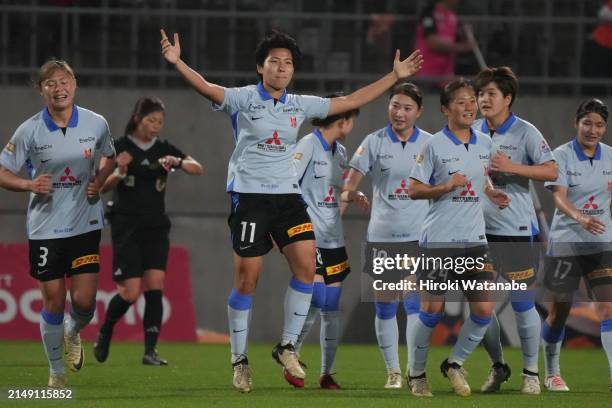 Kiko Seike of MHI Urawa Reds Ladies celebrates scoring her team's fourth goal during the WE League match between Omiya Ardija Ventus and Mitsubishi...