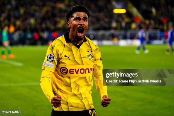 Ian Maatsen of Borussia Dortmund celebrates after scoring his team's second goal during the UEFA Champions League quarter-final second leg match...