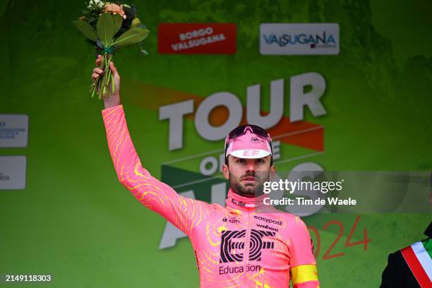 Simon Carr of The United Kingdom and Team EF Education - EasyPost celebrates at podium as stage winner during the 47th Tour of the Alps 2024, Stage 4...