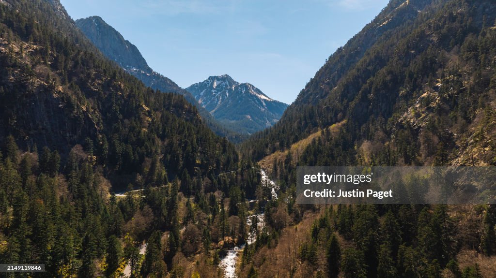 Drone/aerial view up the Cauterets Valley in the French Pyrenees