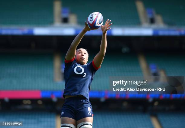 Sadia Kabeya wins the ball in the lineout during a England Red Roses Training Session at Twickenham Stadium on April 18, 2024 in London, England.