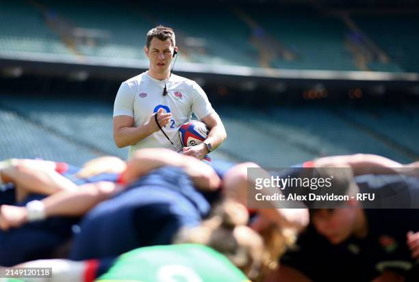 Louis Deacon , Forwards Coach looks on during a England Red Roses Training Session at Twickenham Stadium on April 18, 2024 in London, England.