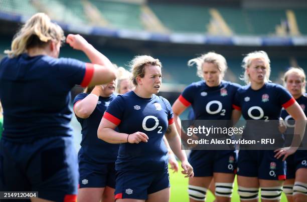 Lark Atkin-Davies of England looks on during a England Red Roses Training Session at Twickenham Stadium on April 18, 2024 in London, England.