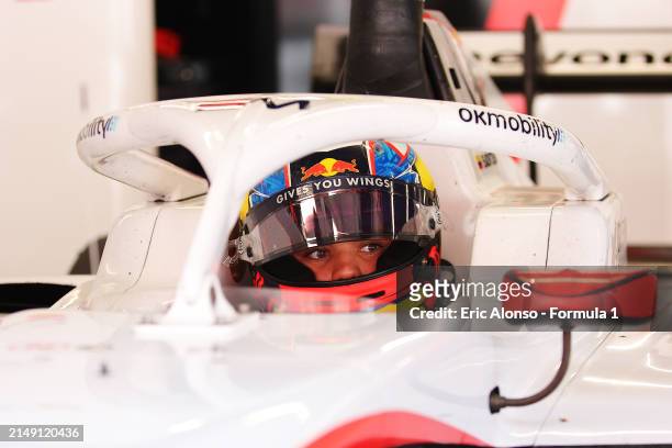 Sebastian Montoya of Colombia and Campos Racing prepares to drive in the garage during day three of Formula 3 Testing at Circuit de...
