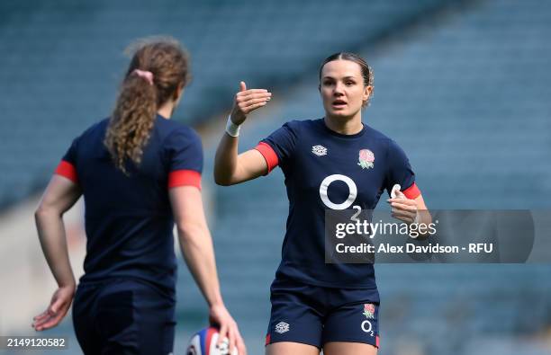 Ellie Kildunne of England looks on during a England Red Roses Training Session at Twickenham Stadium on April 18, 2024 in London, England.