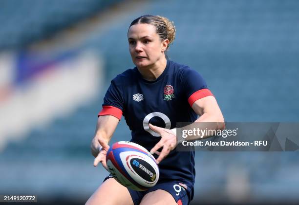 Ellie Kildunne of England passes passes during a England Red Roses Training Session at Twickenham Stadium on April 18, 2024 in London, England.