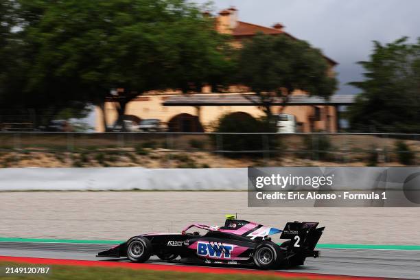 Gabriele Mini of Italy and PREMA Racing drives on track during day three of Formula 3 Testing at Circuit de Barcelona-Catalunya on April 18, 2024 in...