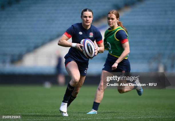 Ellie Kildunne of England passes during a England Red Roses Training Session at Twickenham Stadium on April 18, 2024 in London, England.