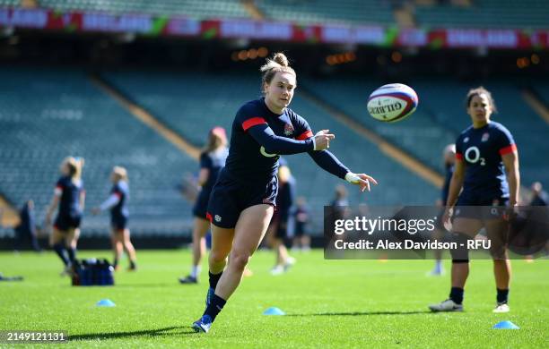 Megan Jones of England passes during a England Red Roses Training Session at Twickenham Stadium on April 18, 2024 in London, England.